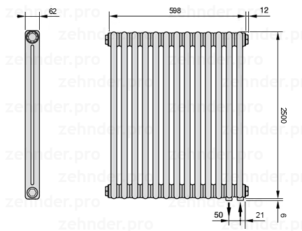 Схема (чертеж) Радиатор Zehnder Charleston 2250/13 №5510 Белый глянцевый RAL 9016